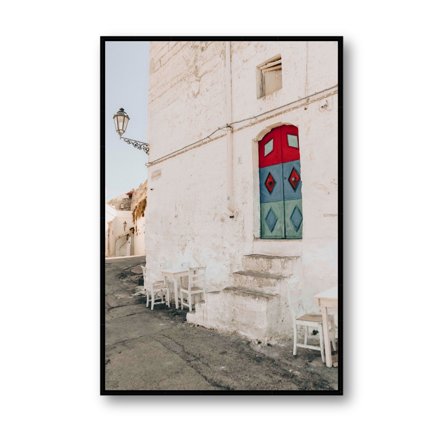Doorway Delight Puglia Ostuni wall art Statement fine art canvas in black float frame