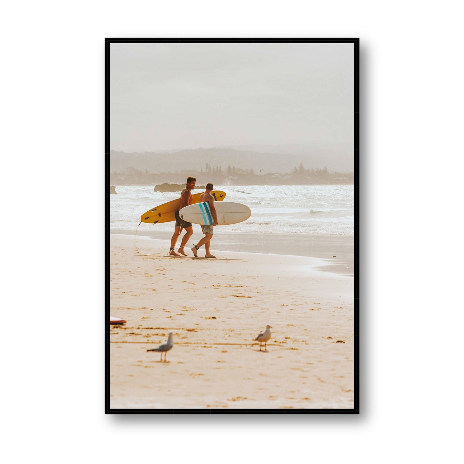 Shane & Benji Byron Bay Surf coastal wall art Statement fine art canvas in black float frame