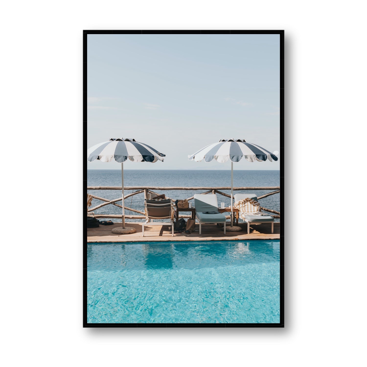 Beach Retreat fine art print, Ischia, Italy, european beach clubs artwork, Statement, Black Float Frame, Fine Art Canvas