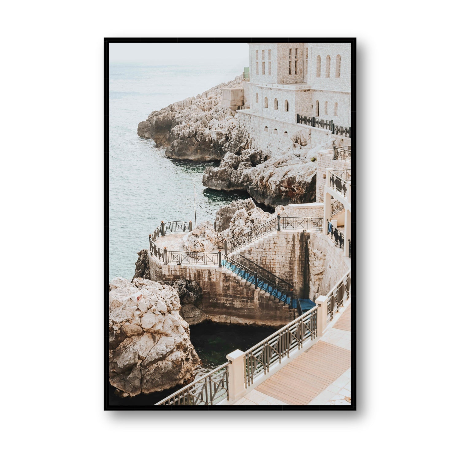 Wellness Centre Puglia coastal wall art Statement fine art canvas in black float frame