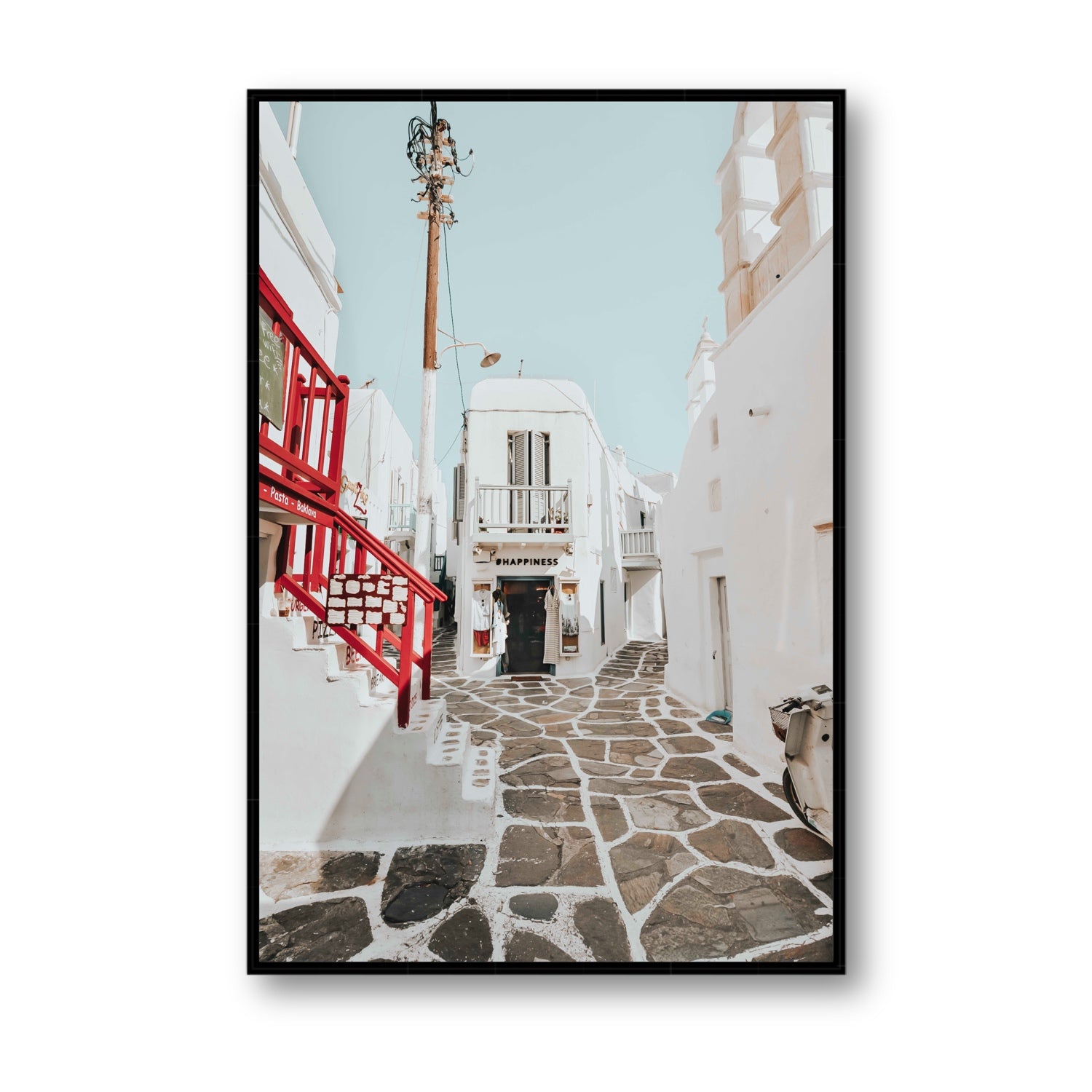 Happiness Mykonos Greek island wall art Statement fine art canvas in black float frame