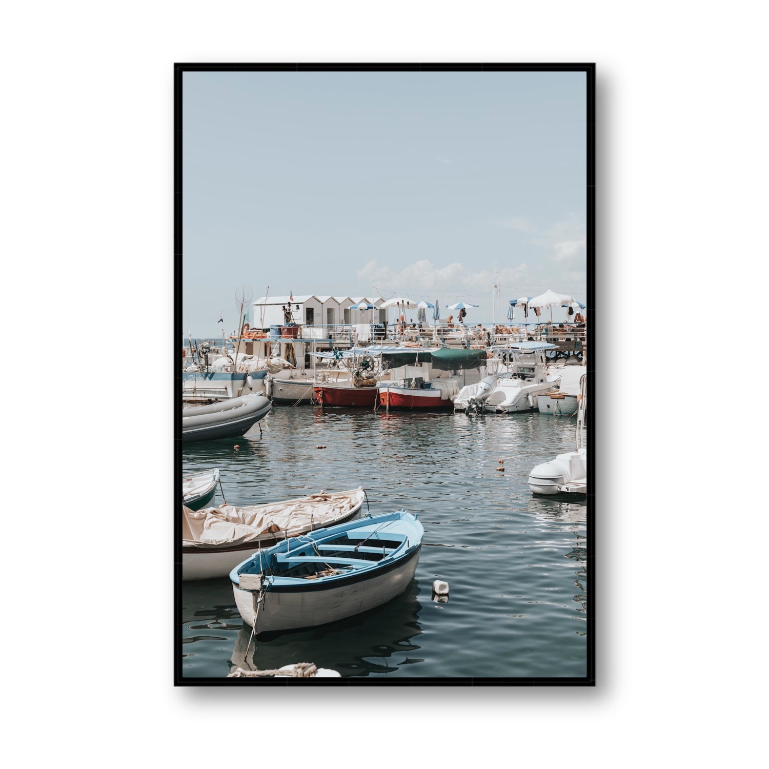 Harbour Hues Sorrento coastal Carousel wall art Statement fine art canvas in black float frame