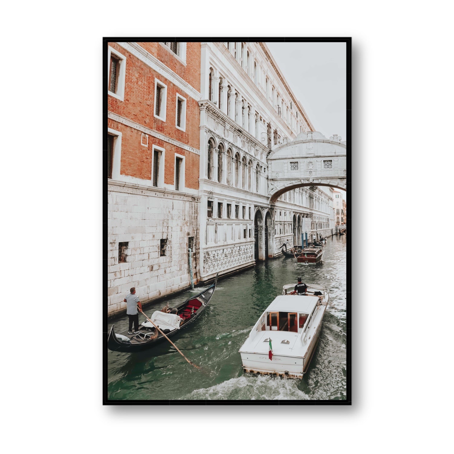 Under the Bridge Venice Gondola Italian wall art Statement fine art canvas in black float frame