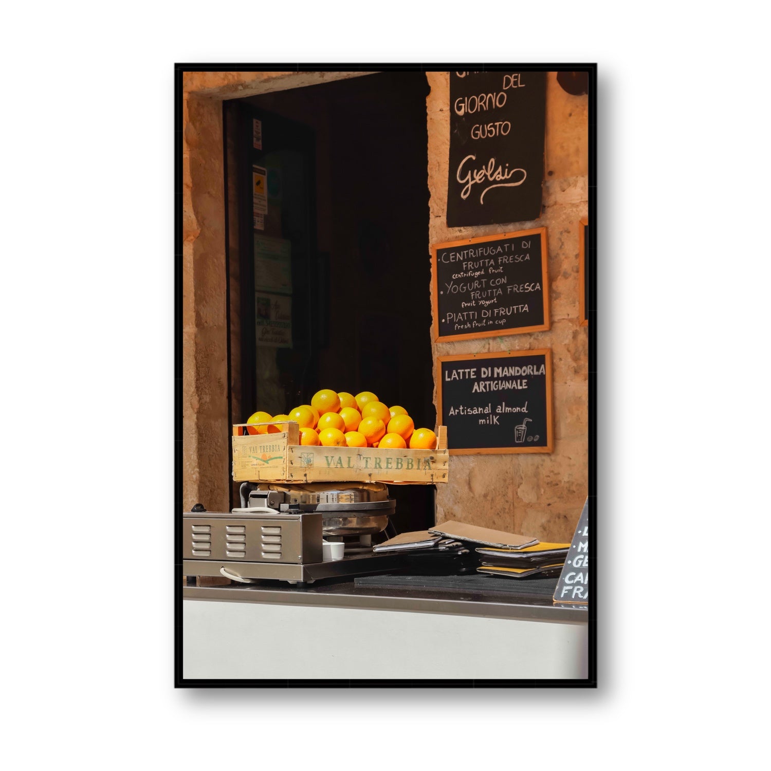 Luminous Citrus Puglia Ostuni Italian wall art Statement fine art canvas in black float frame