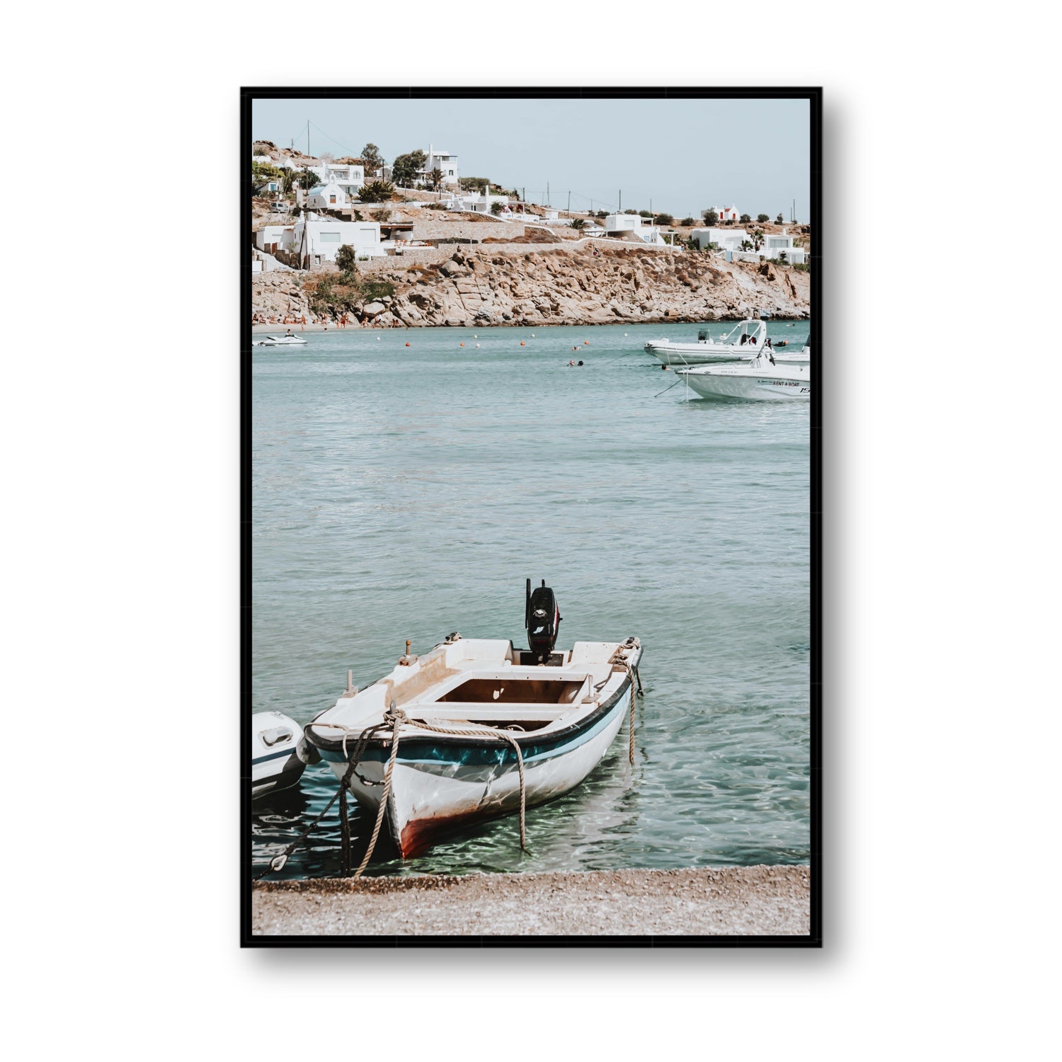 Classic Wheels Mykonos Greek island wall art Statement fine art canvas in black float frame