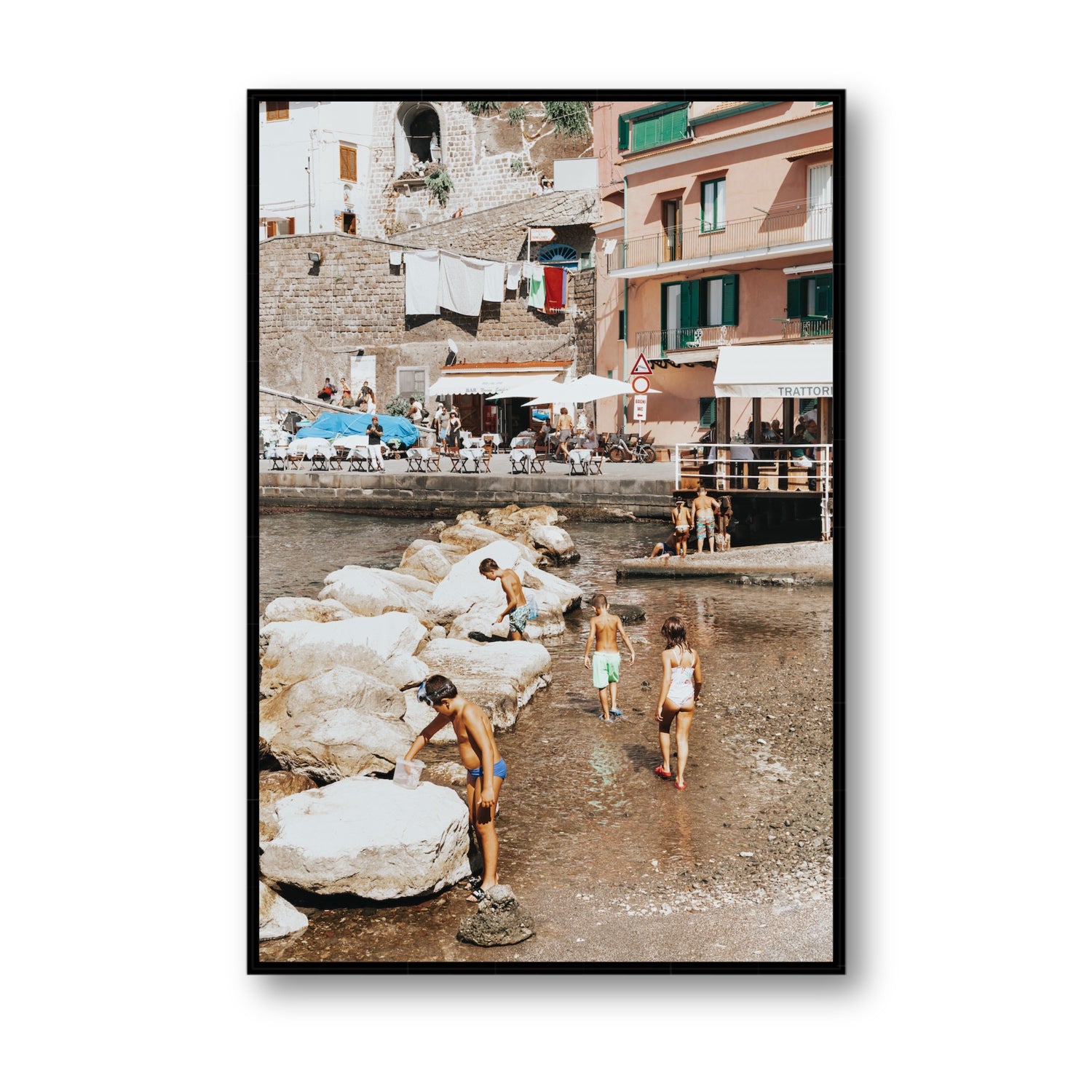 The Beachcombers Sorrento beach coastal wall art Statement fine art canvas in black float frame