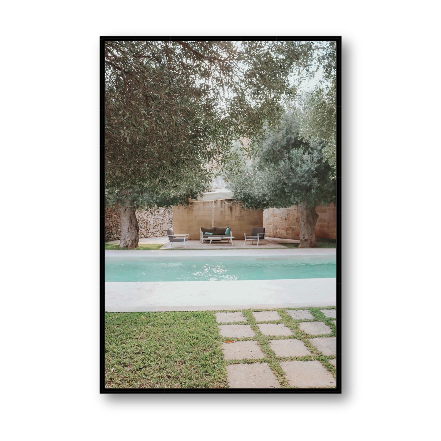 Idyllic Escape Puglia Mediterranean wall art Statement fine art canvas in black float frame