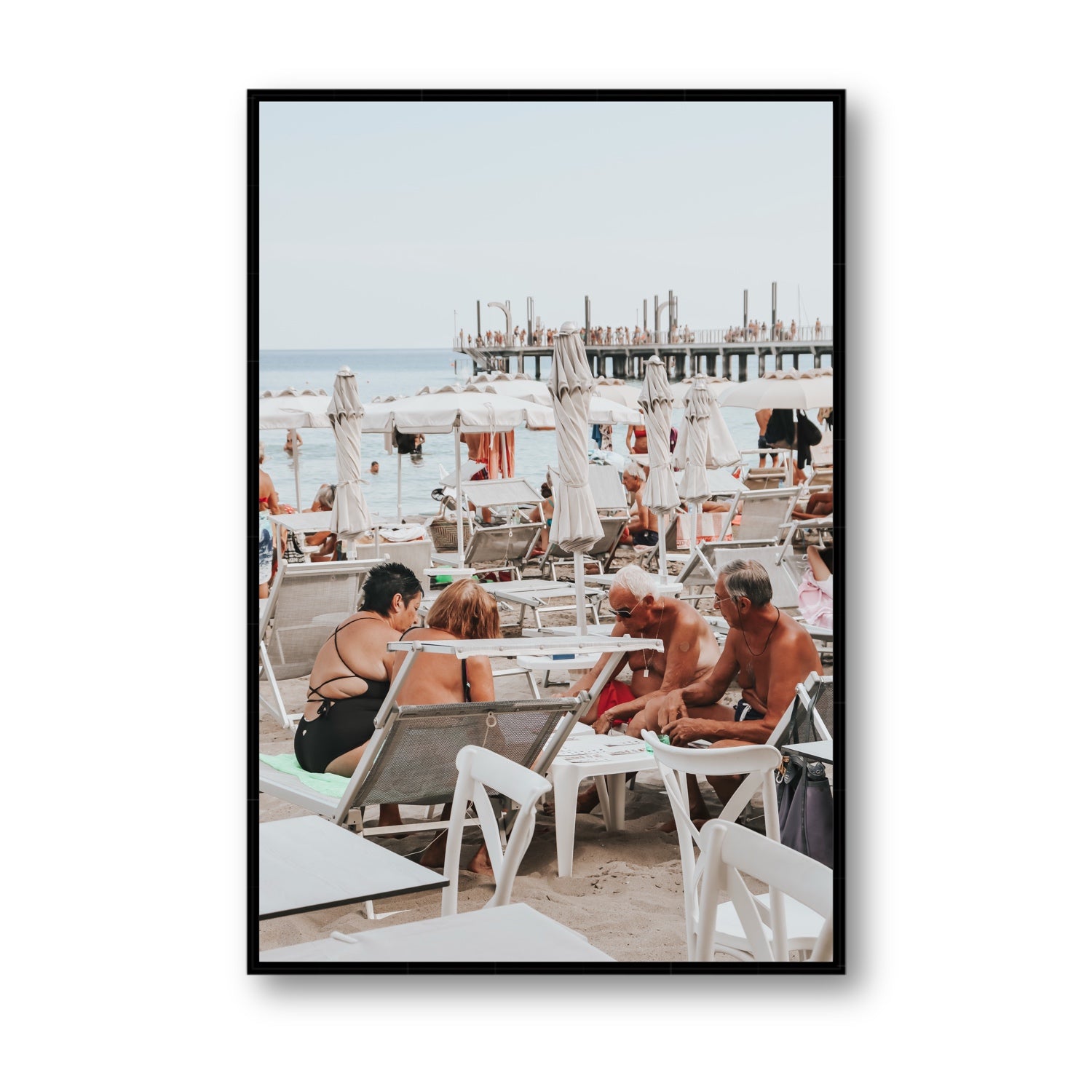 Salted Shuffle fine art print, Alassio, Italy, people and locals artwork, Statement, Black Float Frame, Fine Art Canvas