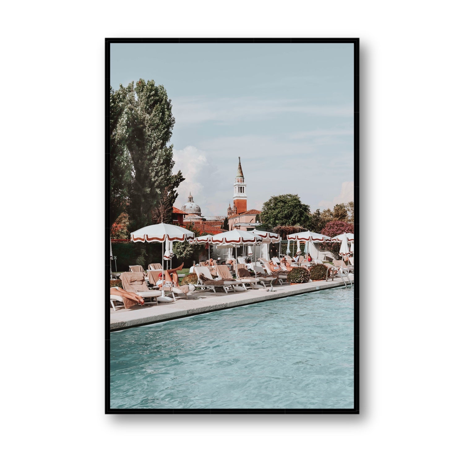 Poolside Perch Venice Italian wall art Statement fine art canvas in black float frame