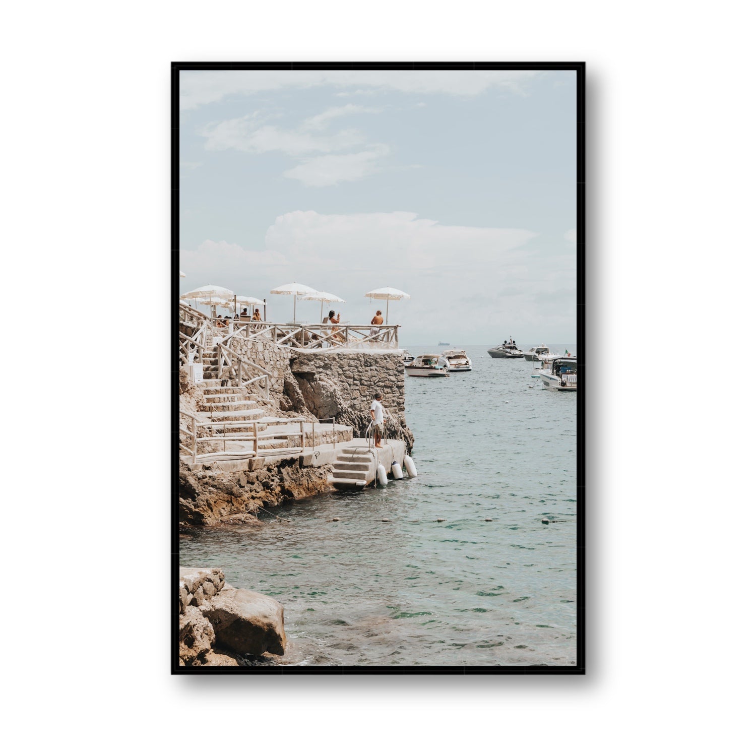 Pier Patrol fine art print, Nerano, Italy, Statement, Black Float Frame, Fine Art Canvas