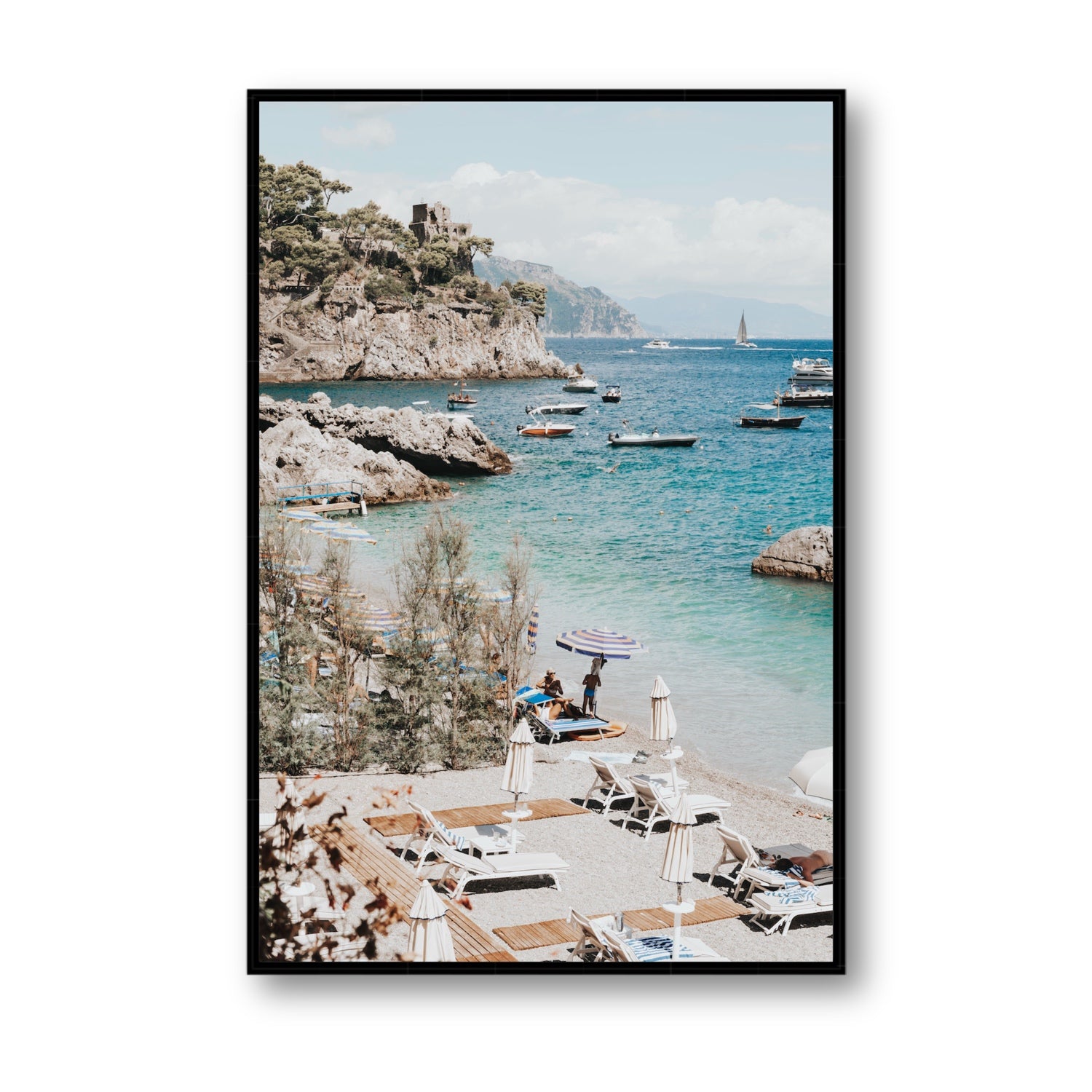 Sizzling Summer Days Amalfi coastal wall art Statement fine art canvas in black float frame