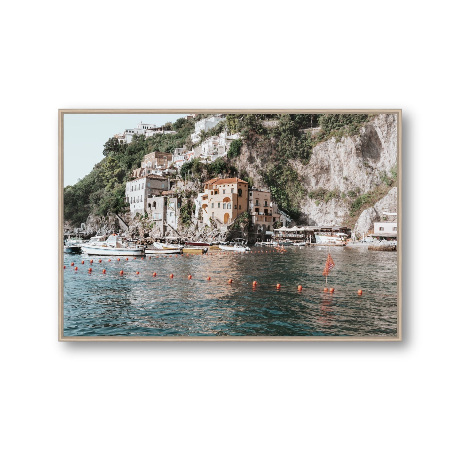 Amalfi Villas fine art print, Amalfi, Italy, coastal scenes artwork, Gallery, Natural Oak Float Frame, Fine Art Canvas