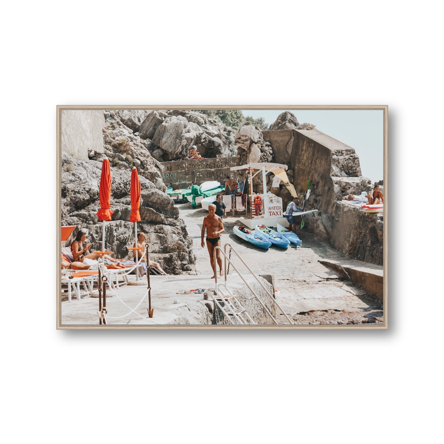 The Local Praiano Amalfi Coast Mediterranean wall art Gallery fine art canvas in natural oak float frame