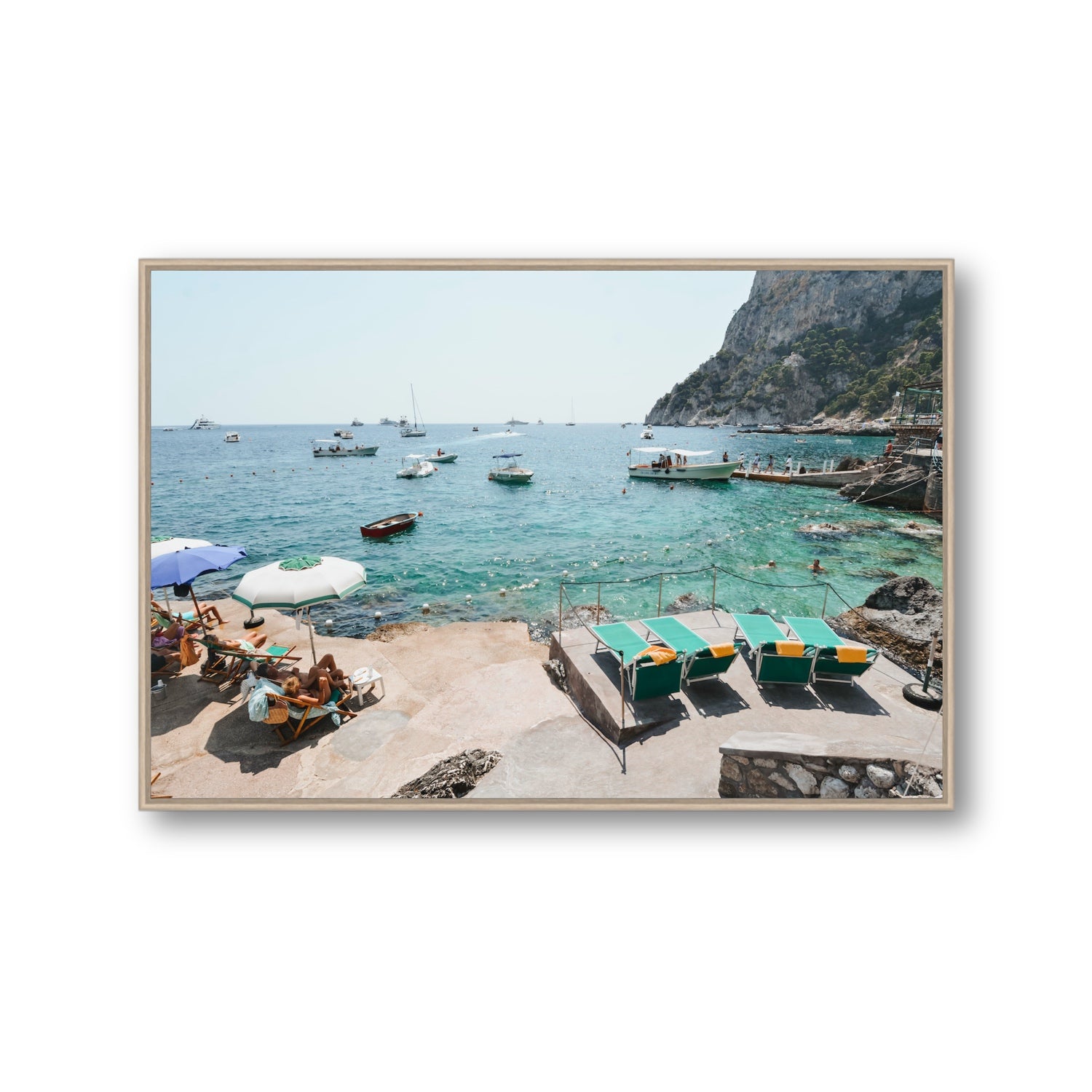 Save Me A Seat Capri Mediterranean wall art Gallery fine art canvas in natural oak float frame