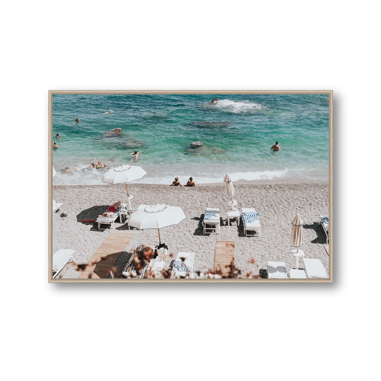 Amicizia Amalfi Italian beach wall art Gallery fine art canvas in natural oak float frame