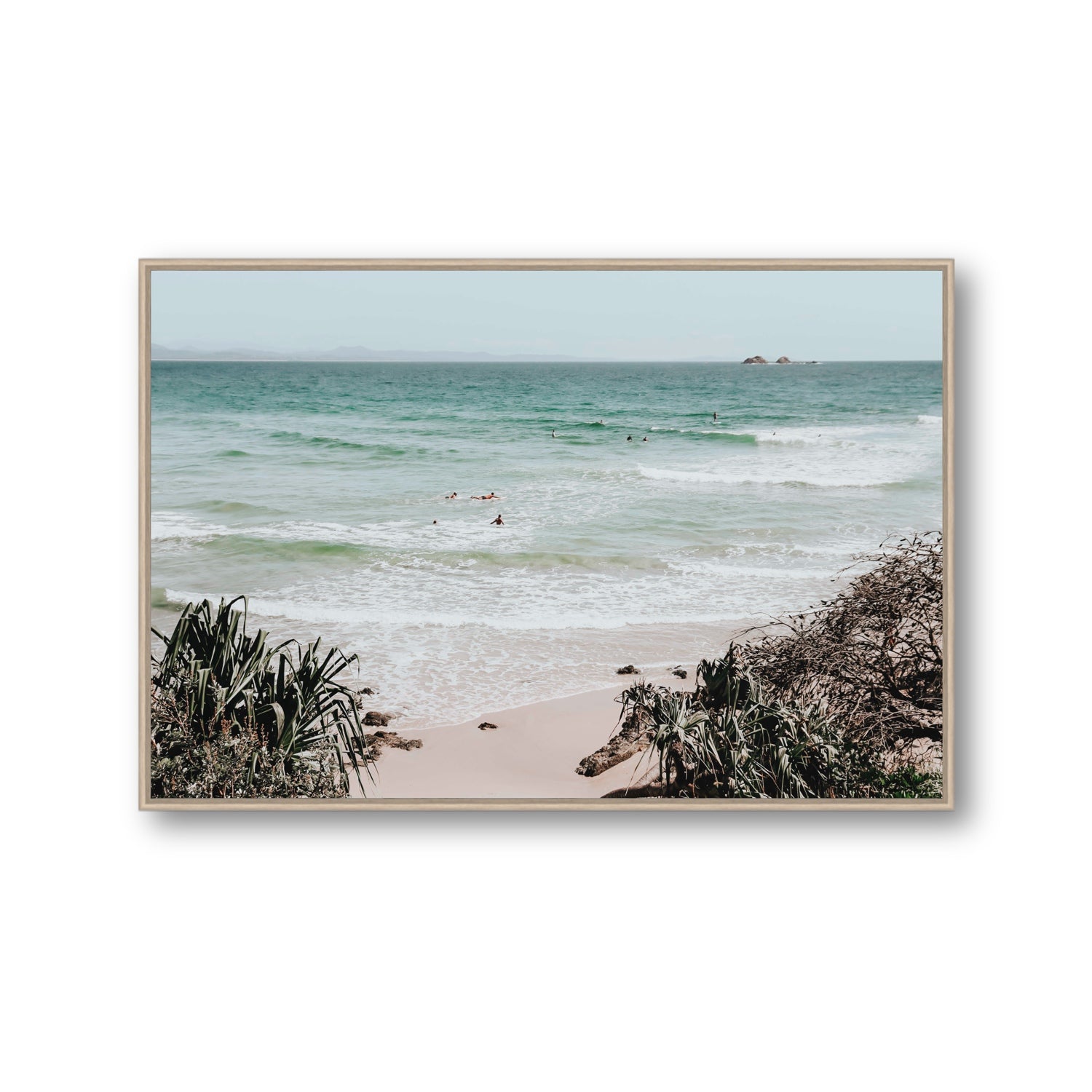 Surf City Byron Bay Surf coastal wall art Gallery fine art canvas in natural oak float frame