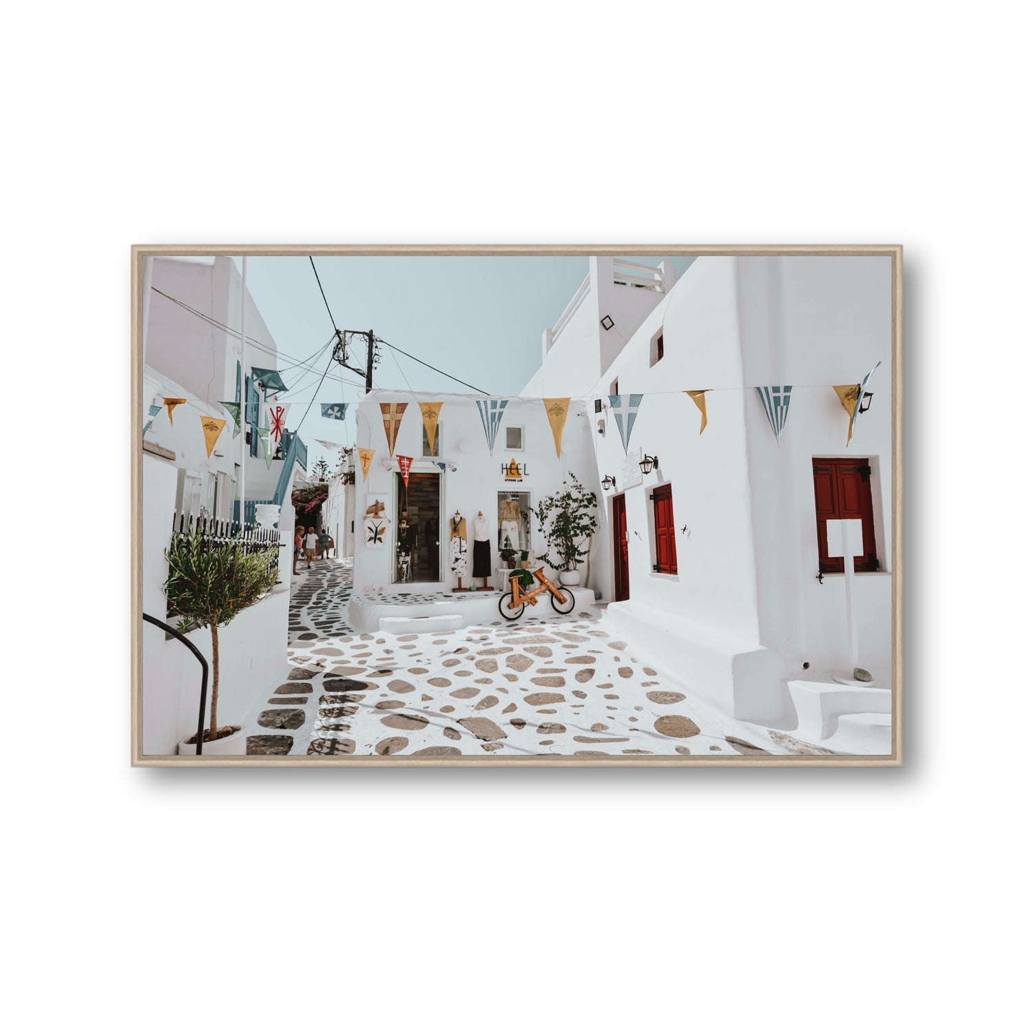 Cruising The Streets Mykonos Greek island wall art Gallery fine art canvas in natural oak float frame