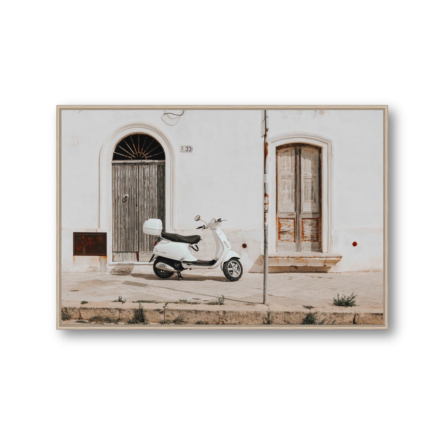 Vespa Nostalgia Puglia Italian wall art Gallery fine art canvas in natural oak float frame
