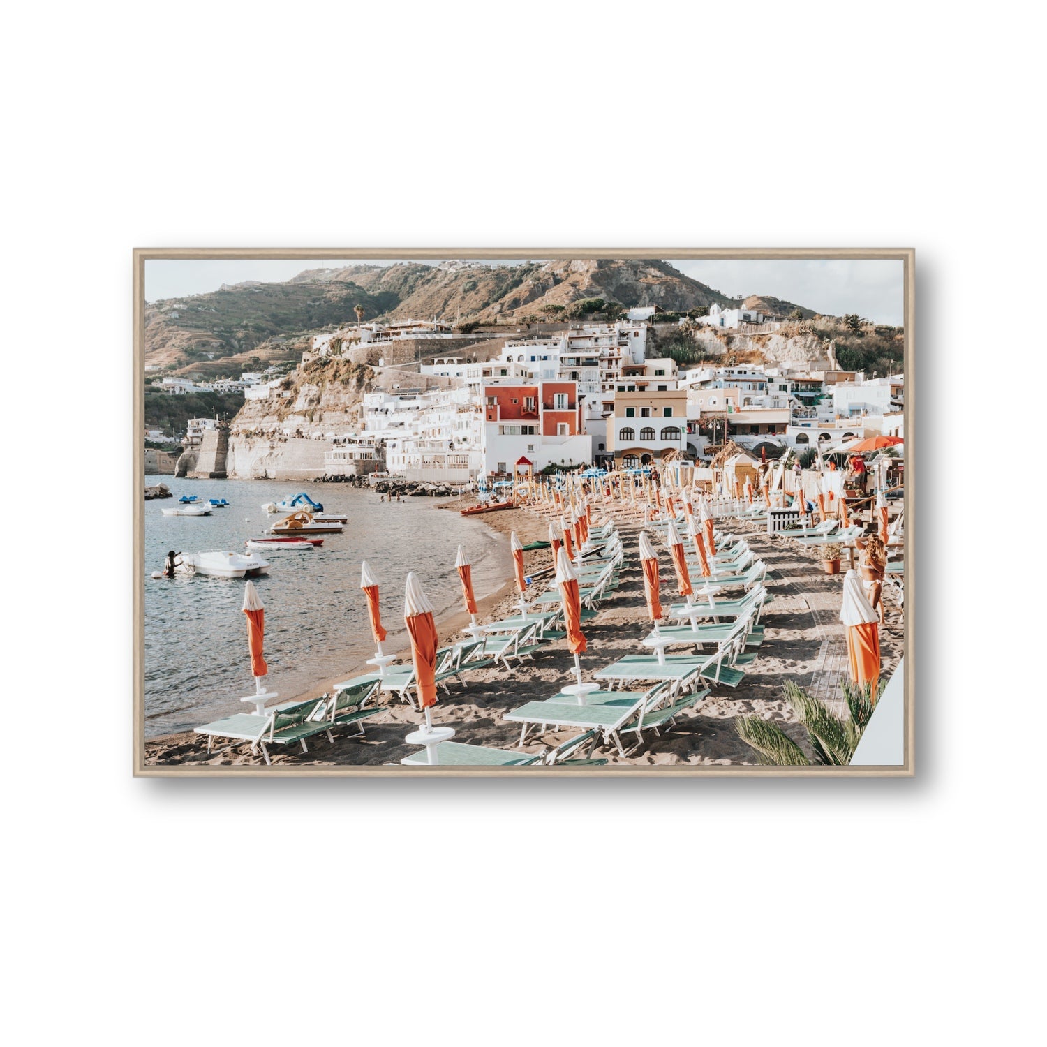 Sole Estivo Ischia Italian coastal wall art Gallery fine art canvas in natural oak float frame
