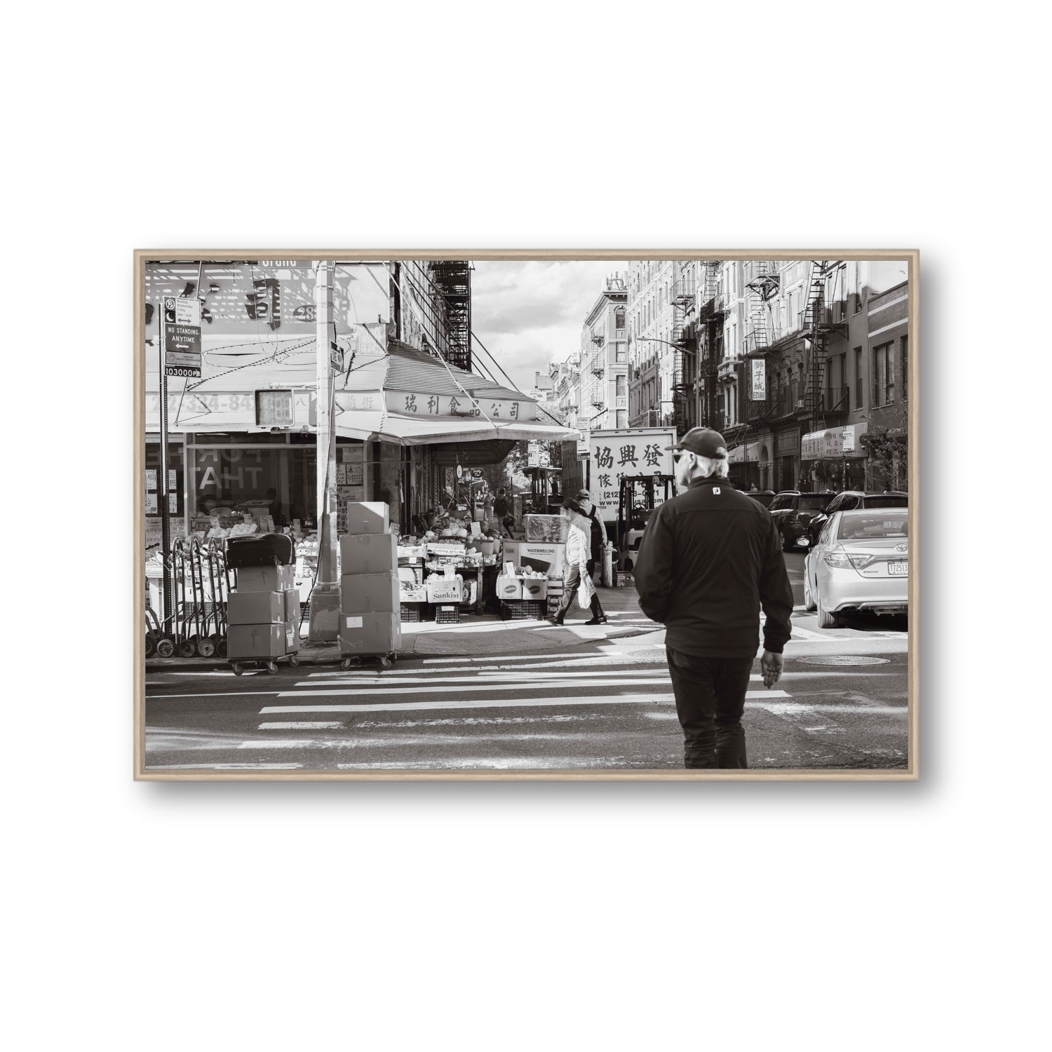 Chinatown New York NYC Street wall art Gallery fine art canvas in natural oak float frame