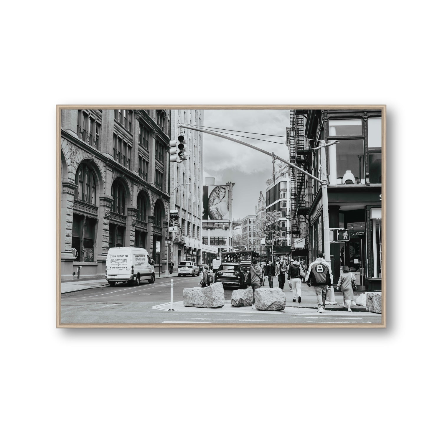 Inkwell Metropolis New York NYC Black & White wall art Gallery fine art canvas in natural oak float frame
