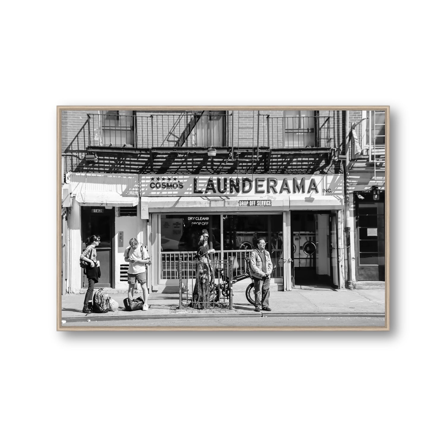 Launderama New York NYC Black & White wall art Gallery fine art canvas in natural oak float frame