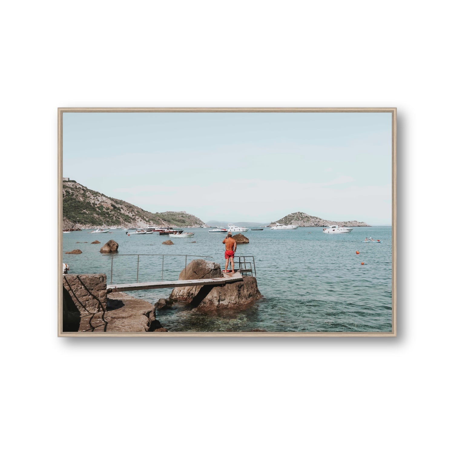 Out Of Office Tuscany coastal Italian wall art Gallery fine art canvas in natural oak float frame