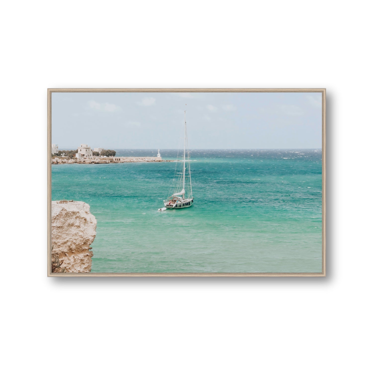 Adriatic Escape Puglia Italian coastal decor wall art Gallery fine art canvas in natural oak float frame