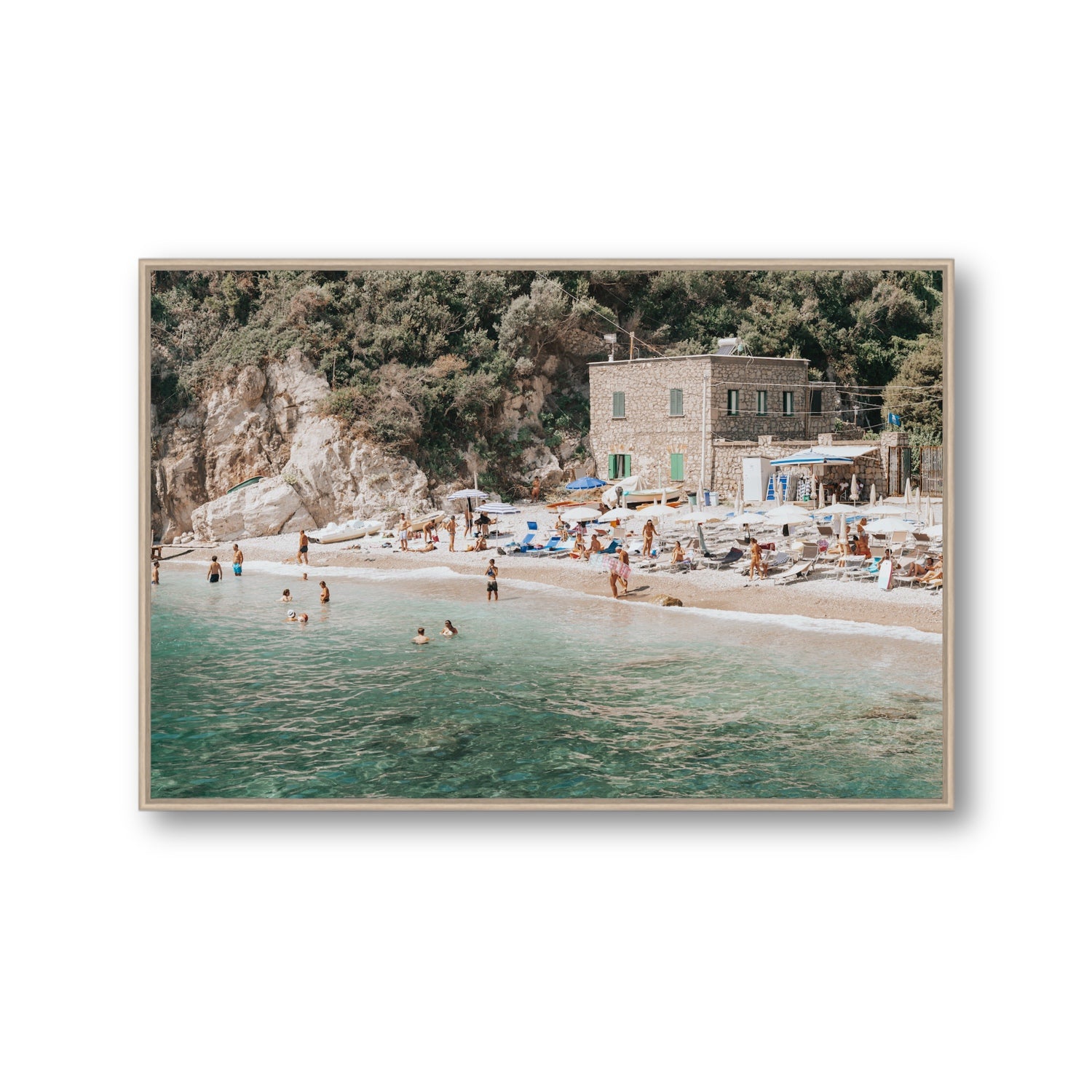 Secluded Sanctuary Nerano Italian Mediterranean decor wall art Gallery fine art canvas in natural oak float frame