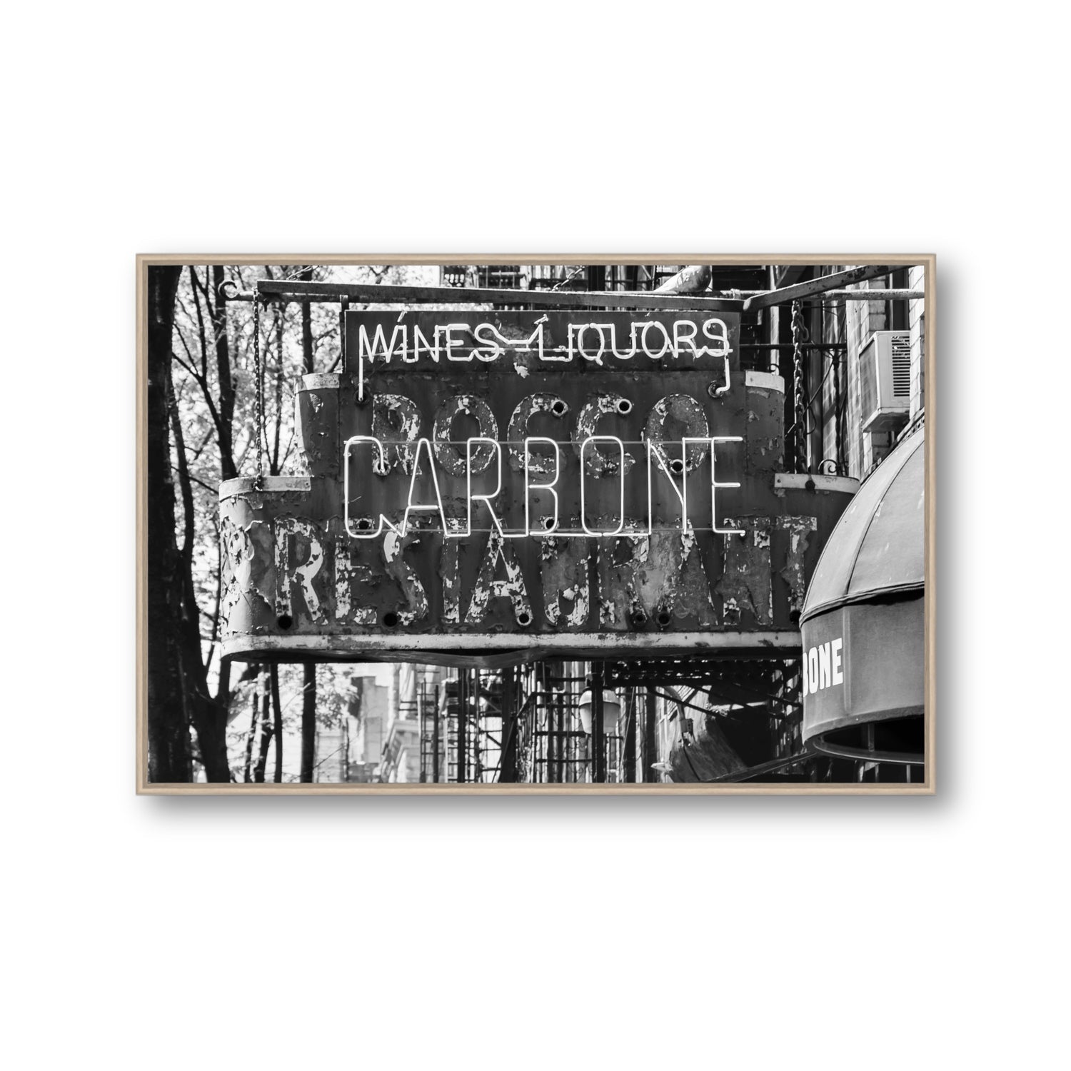 Thompson Street New York NYC Black & White wall art Gallery fine art canvas in natural oak float frame