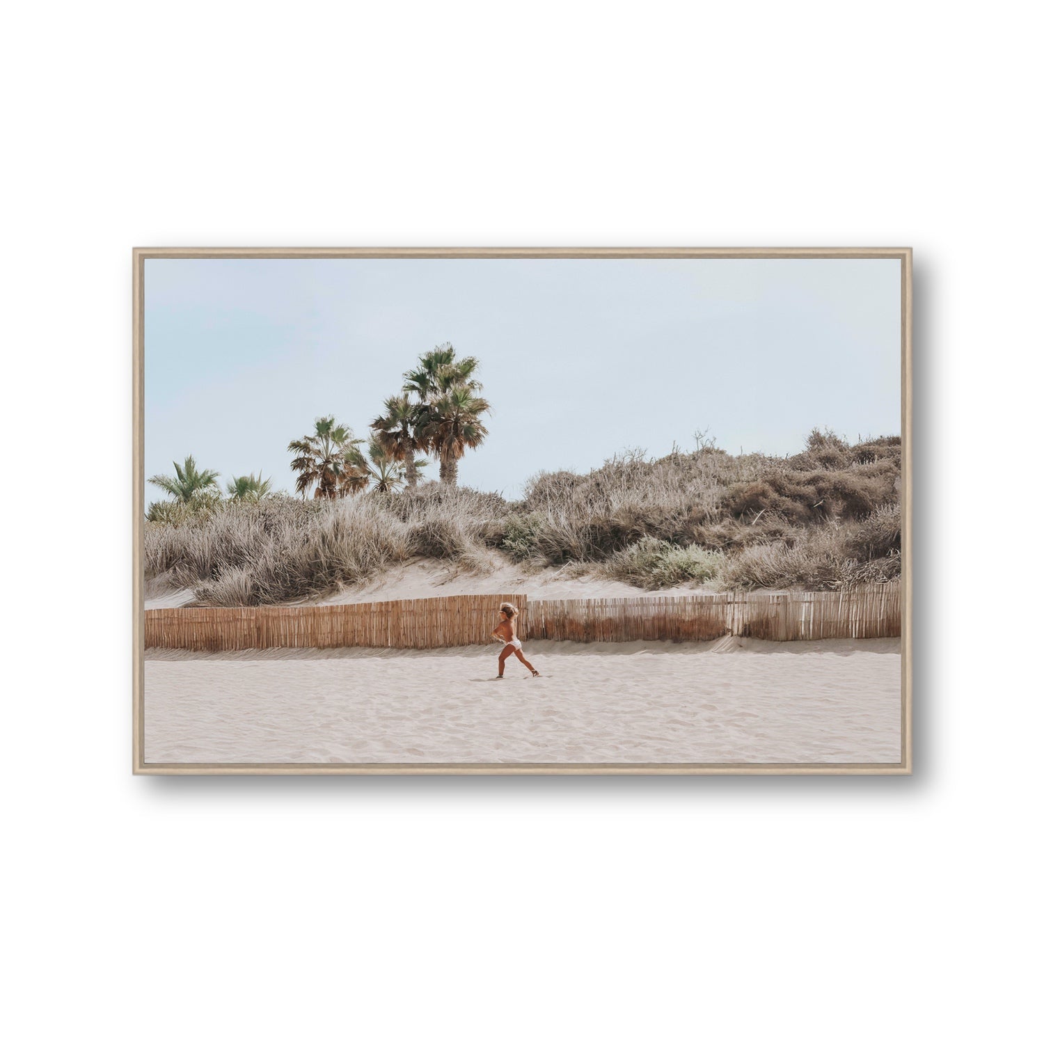 Ragazza Da Spiaggia Puglia beach Italian fine art print Gallery fine art canvas in natural oak float frame
