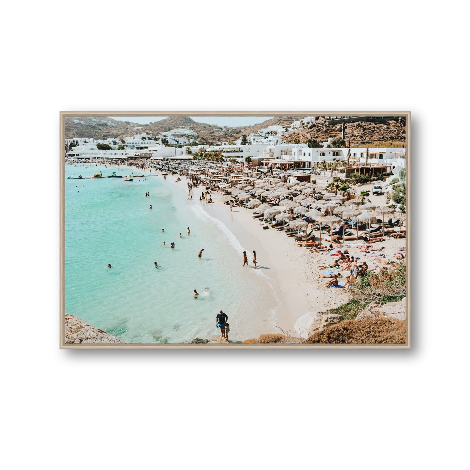 Aquaholic Mykonos Greek island wall art Gallery fine art canvas in natural oak float frame