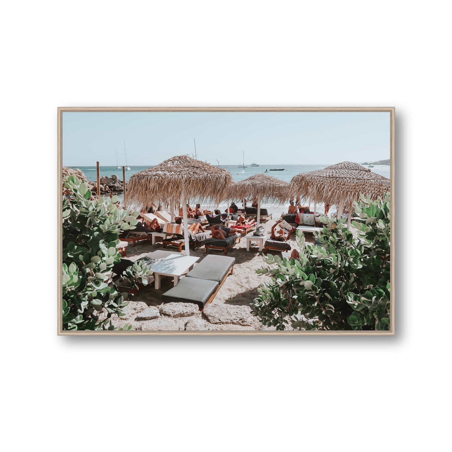 Greek Haven Mykonos Greek island coastal wall art Gallery fine art canvas in natural oak float frame