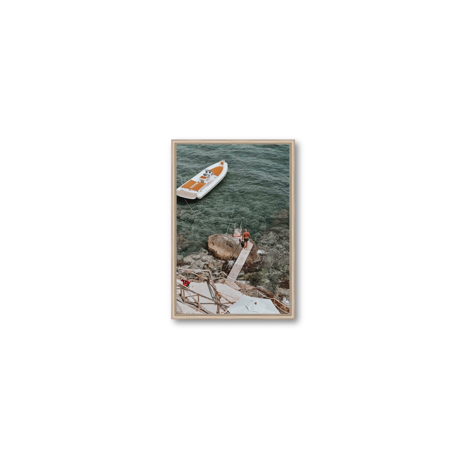 Secret Cove Tuscany coastal Italian wall art Small fine art canvas in natural oak float frame