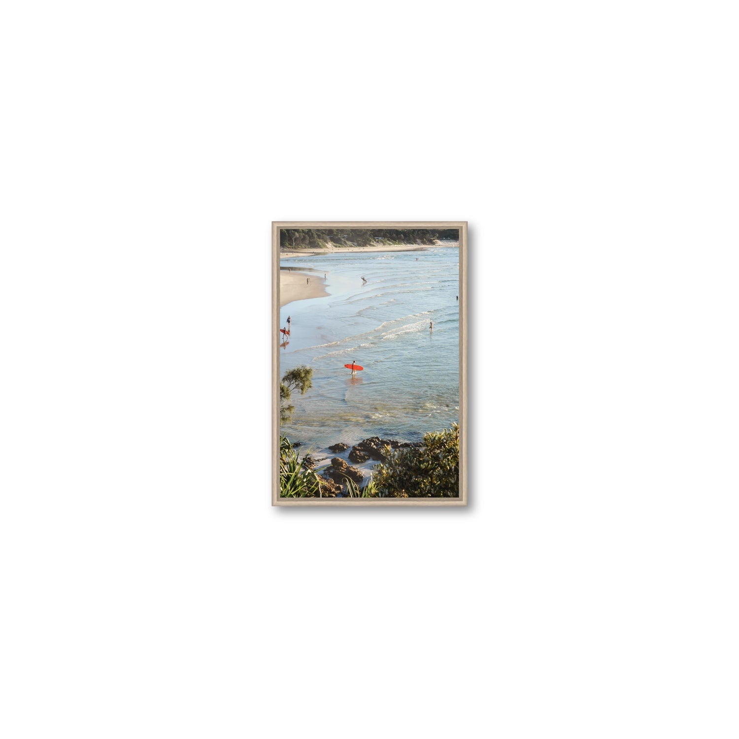 Seclusion Byron Bay Surf coastal wall art Small fine art canvas in natural oak float frame