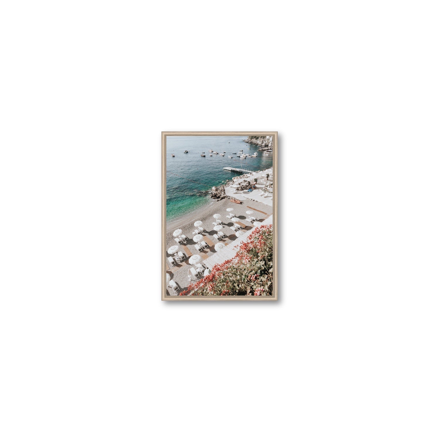 Tranquil Oasis Amalfi coastal wall art Small fine art canvas in natural oak float frame
