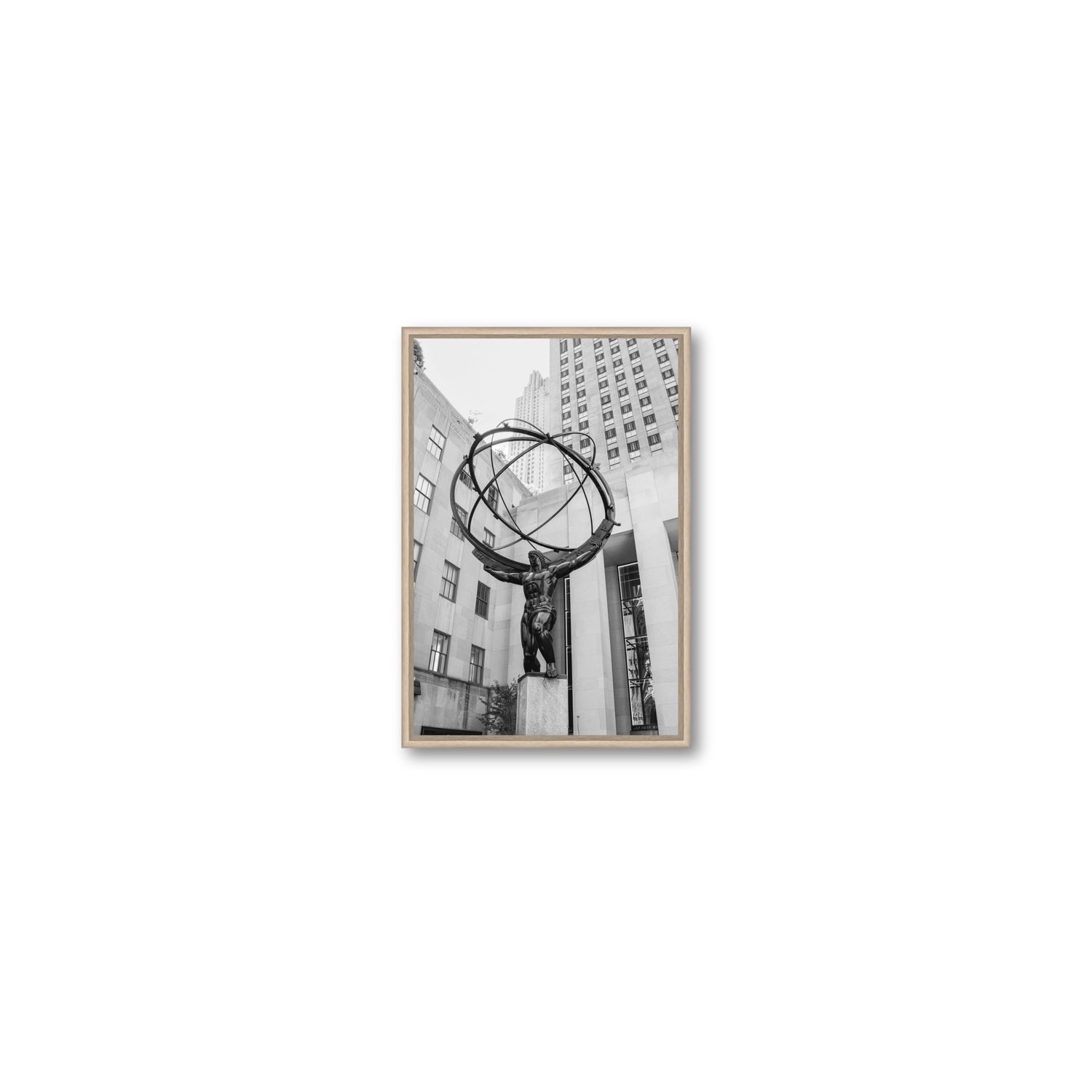 Atlas Ascends New York NYC Black & White wall art Small fine art canvas in natural oak float frame