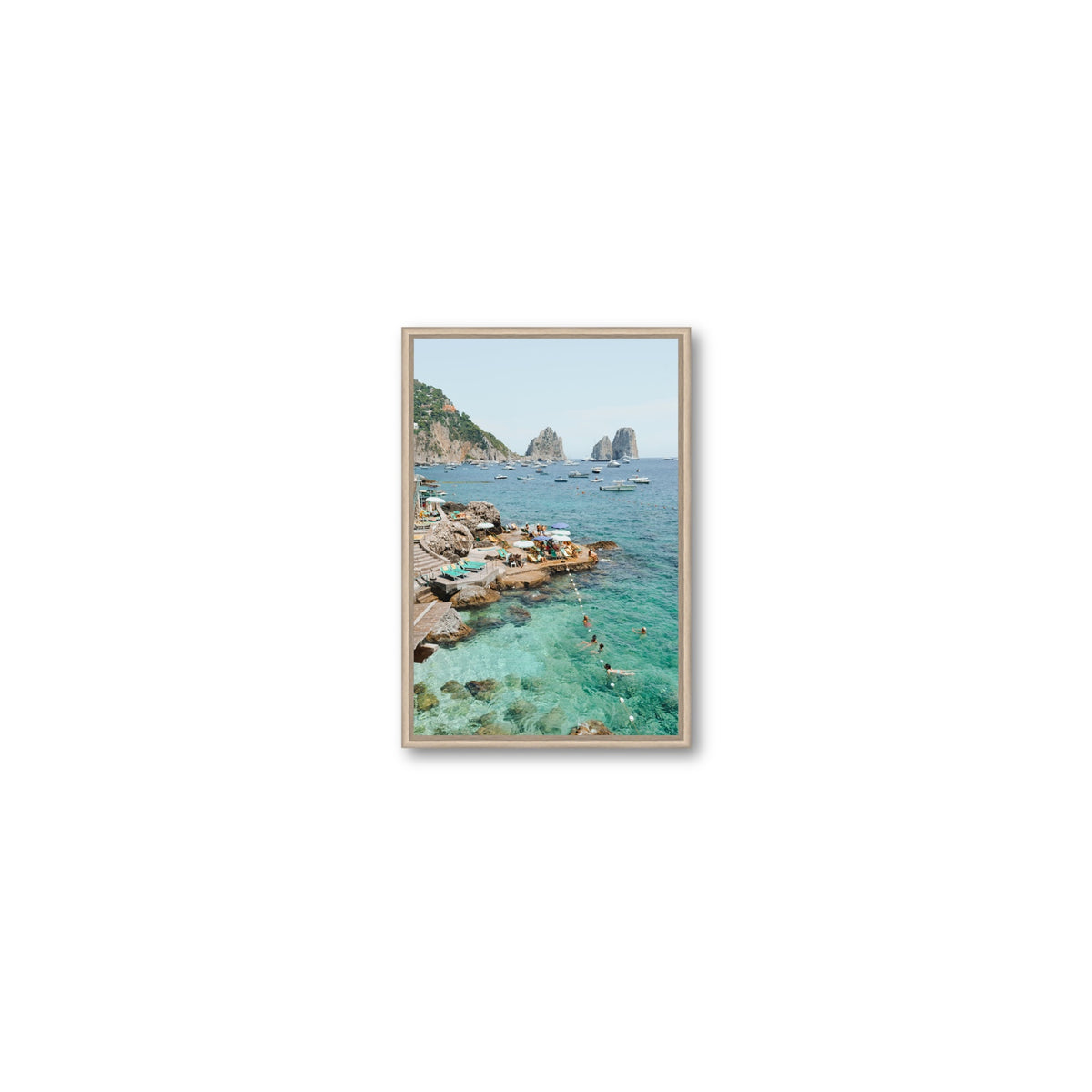 Summertime Blues Capri Mediterranean wall art Small fine art canvas in natural oak float frame