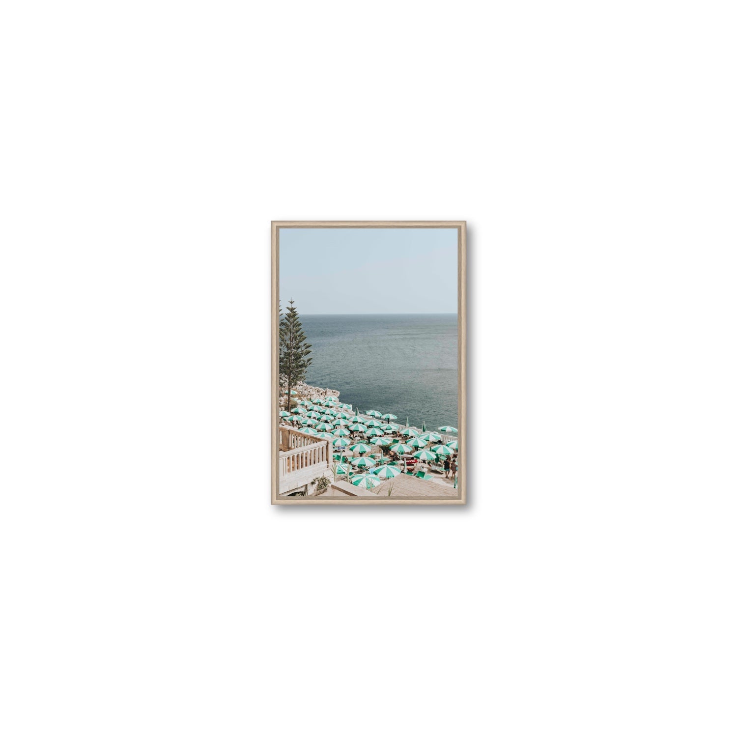 Sun-drenched Stripes Puglia beach coastal wall art Small fine art canvas in natural oak float frame
