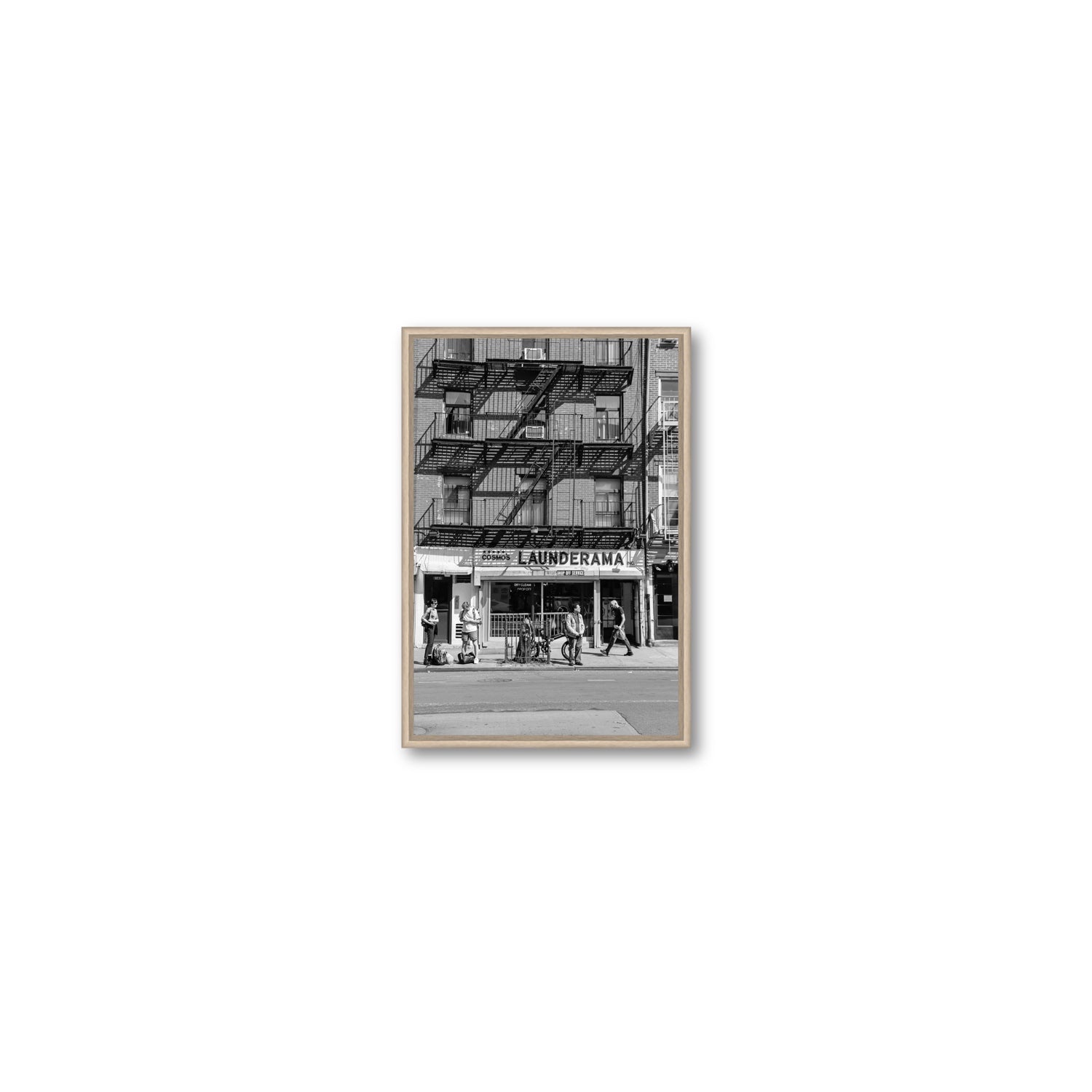 Bus Stop New York NYC Black & White wall art Small fine art canvas in natural oak float frame