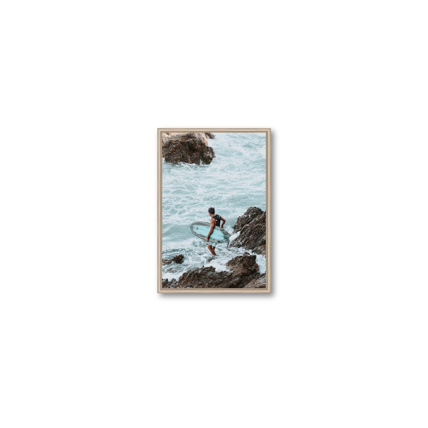 Into The Soup Byron Bay Surf coastal wall art Small fine art canvas in natural oak float frame