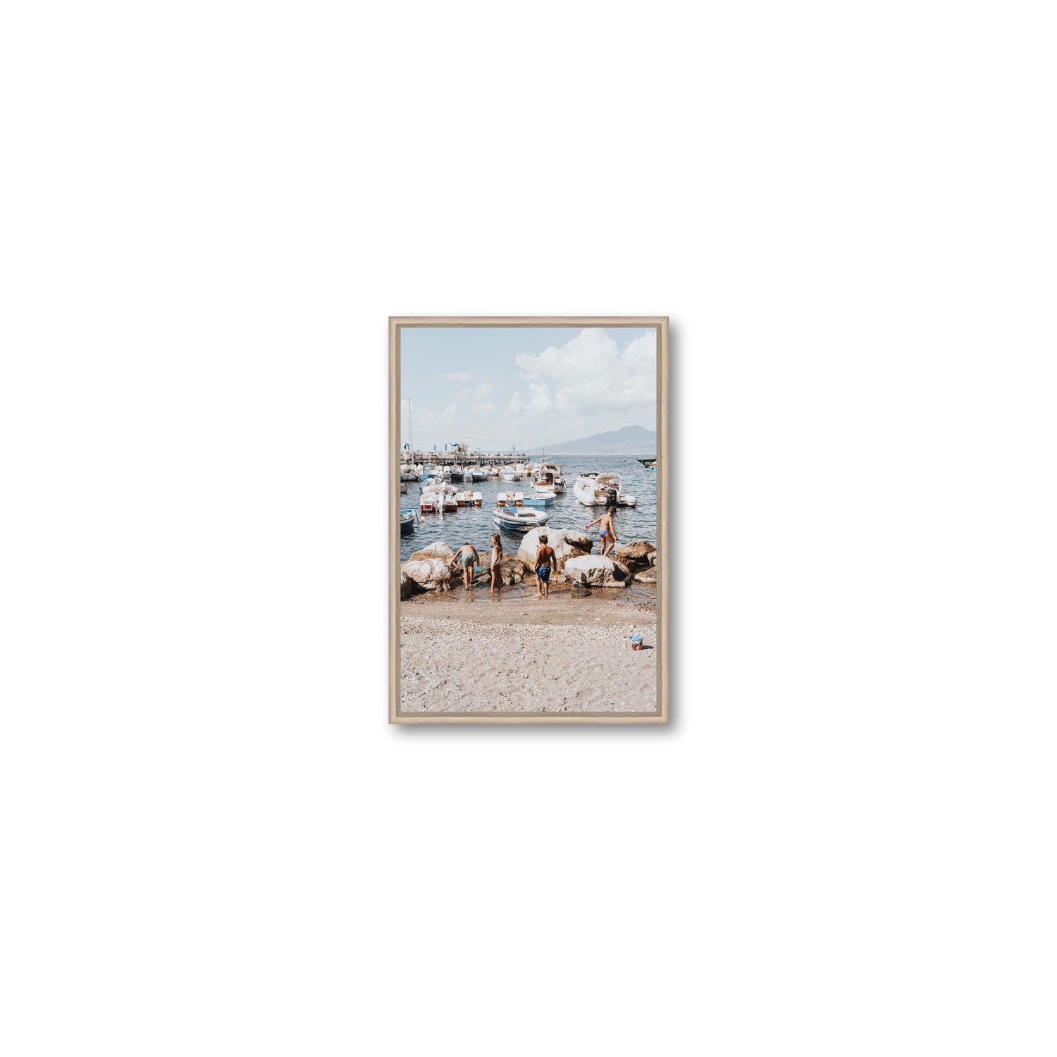 Searching For Treasures Sorrento coastal wall art Small fine art canvas in natural oak float frame