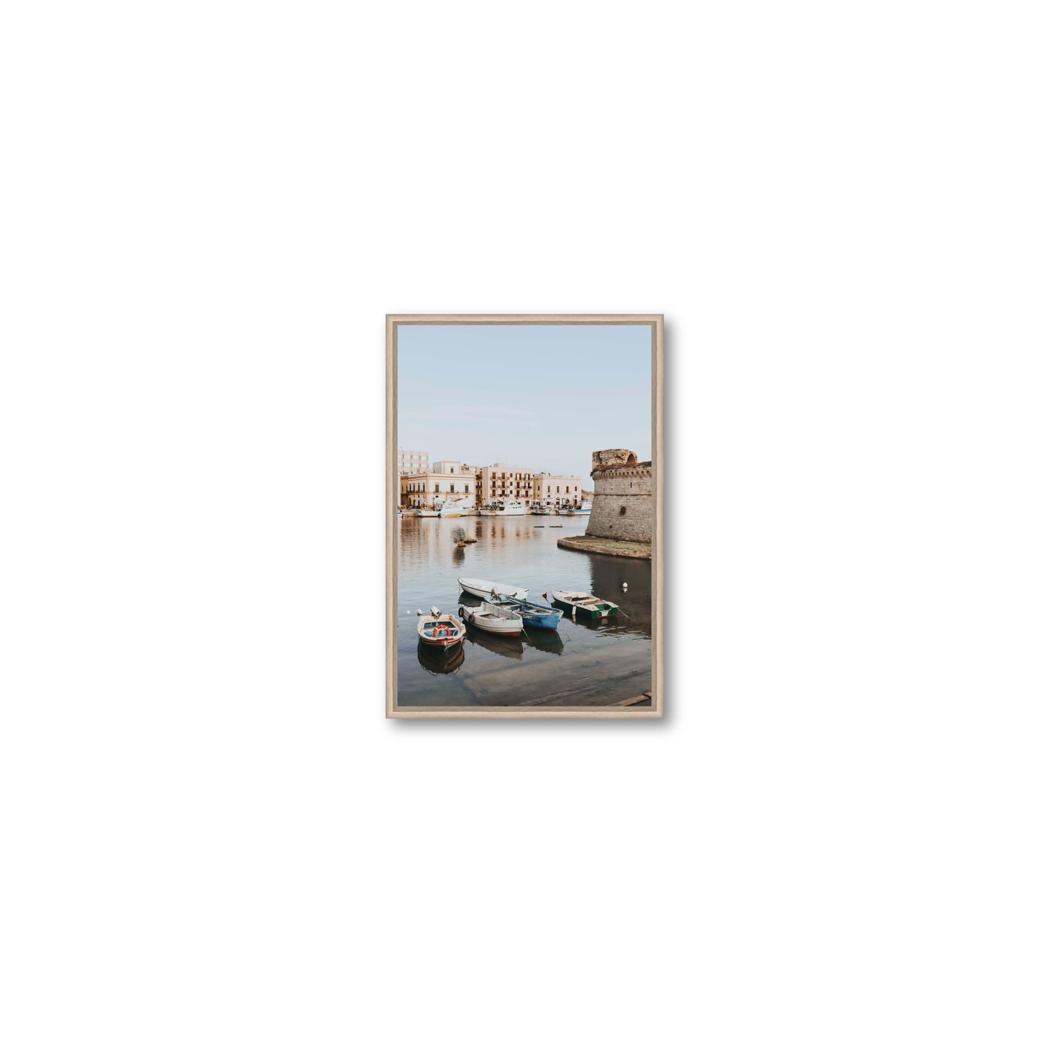 Gallipoli Harbour Puglia coastal wall art Small fine art canvas in natural oak float frame