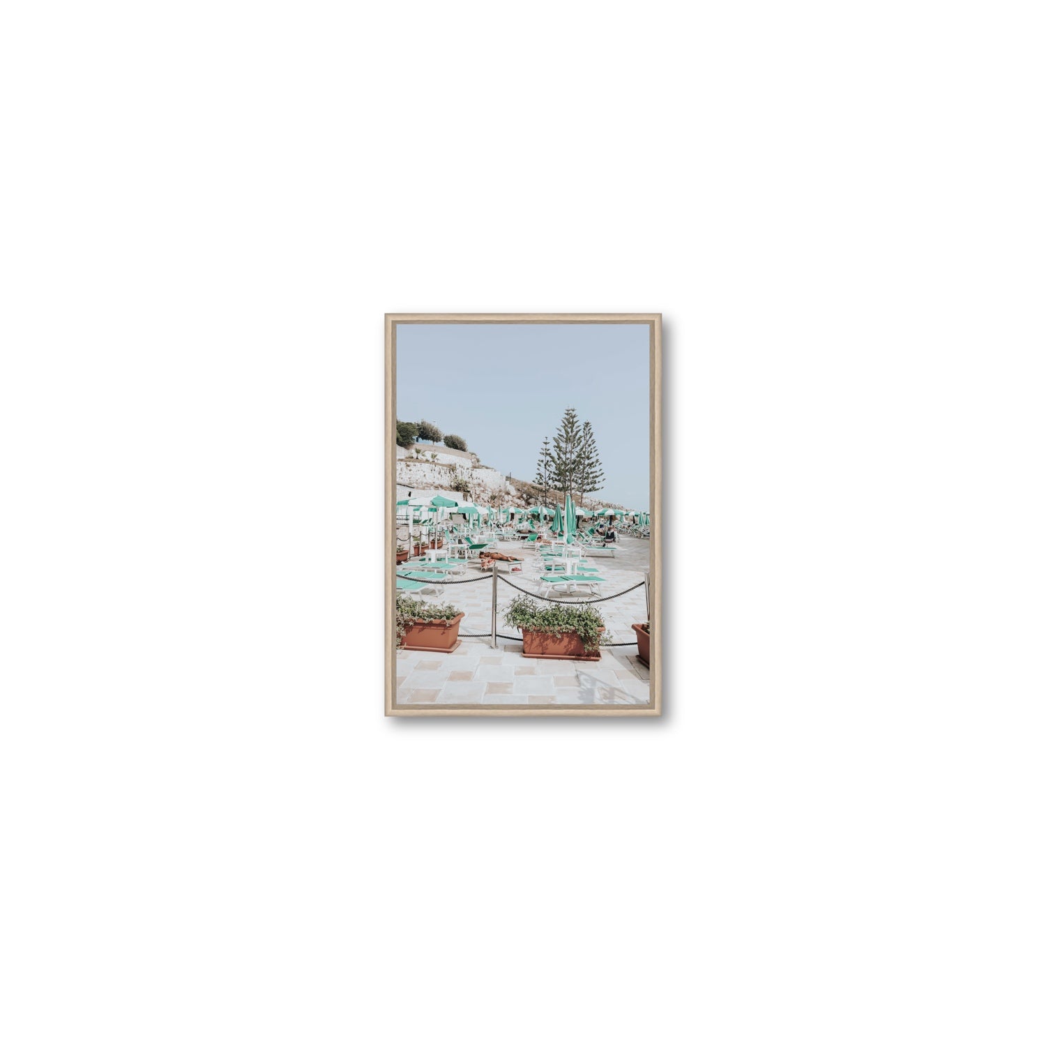 Siesta on The Terrace Puglia coastal wall art Small fine art canvas in natural oak float frame