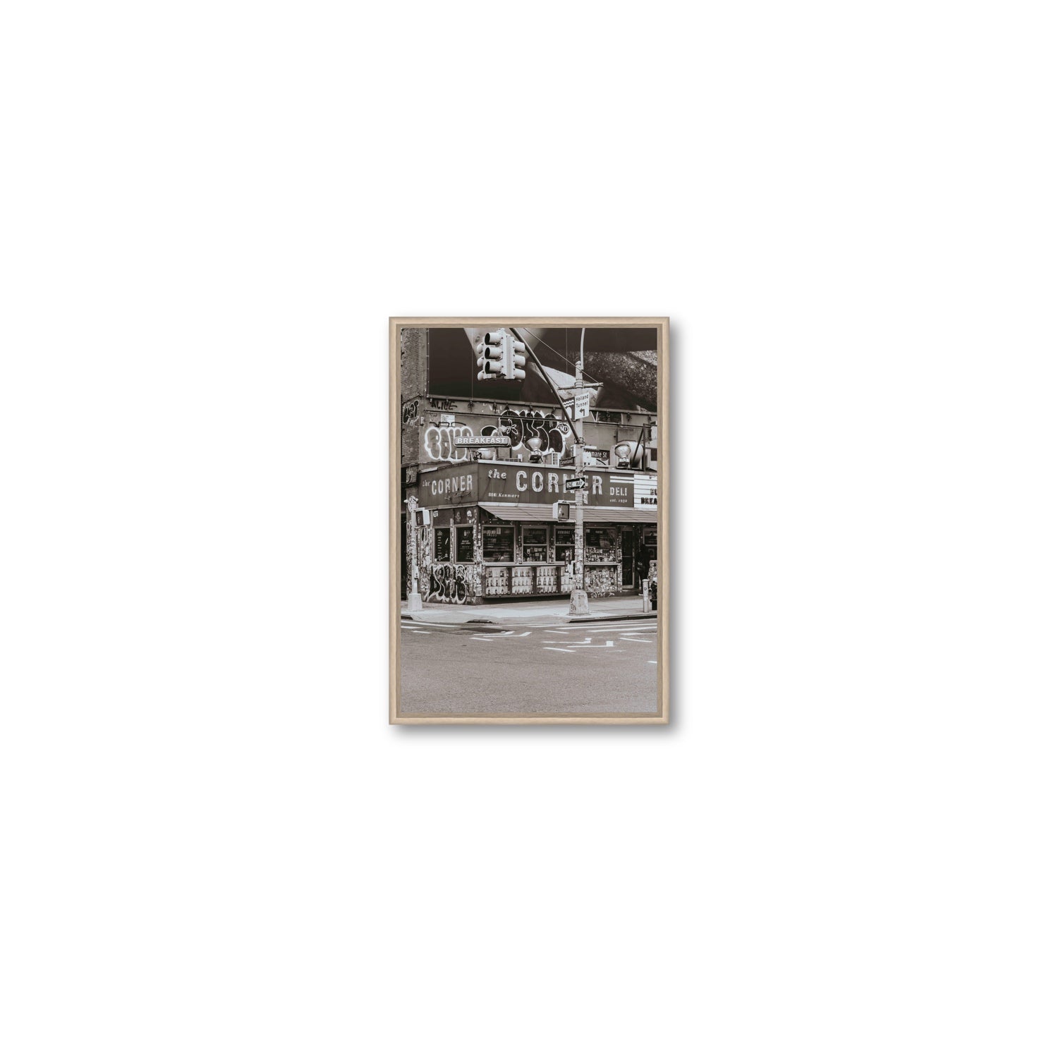 Soho Deli New York NYC Black & White wall art Small fine art canvas in natural oak float frame