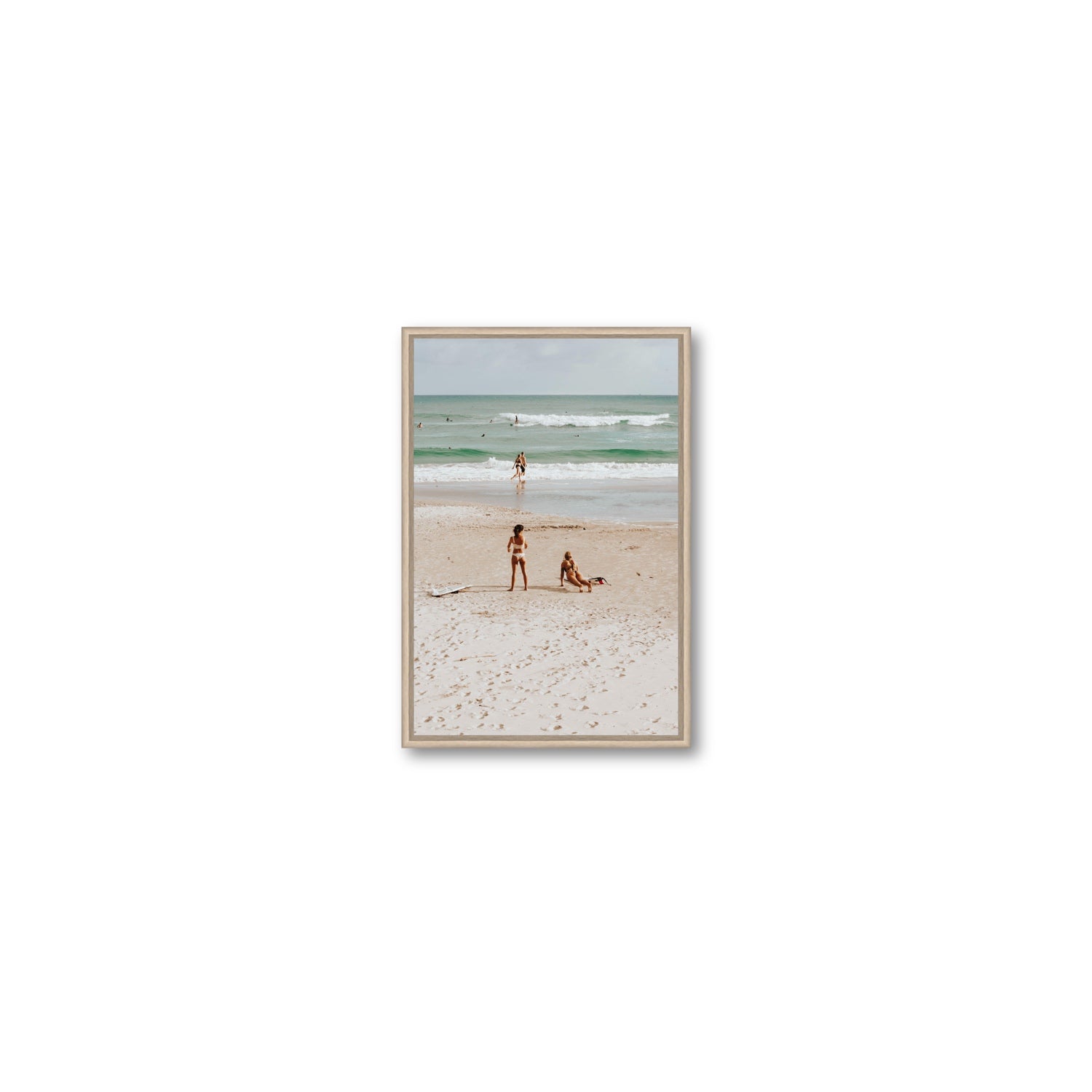Gidget & Betty Byron Bay beach coastal wall art Small fine art canvas in natural oak float frame