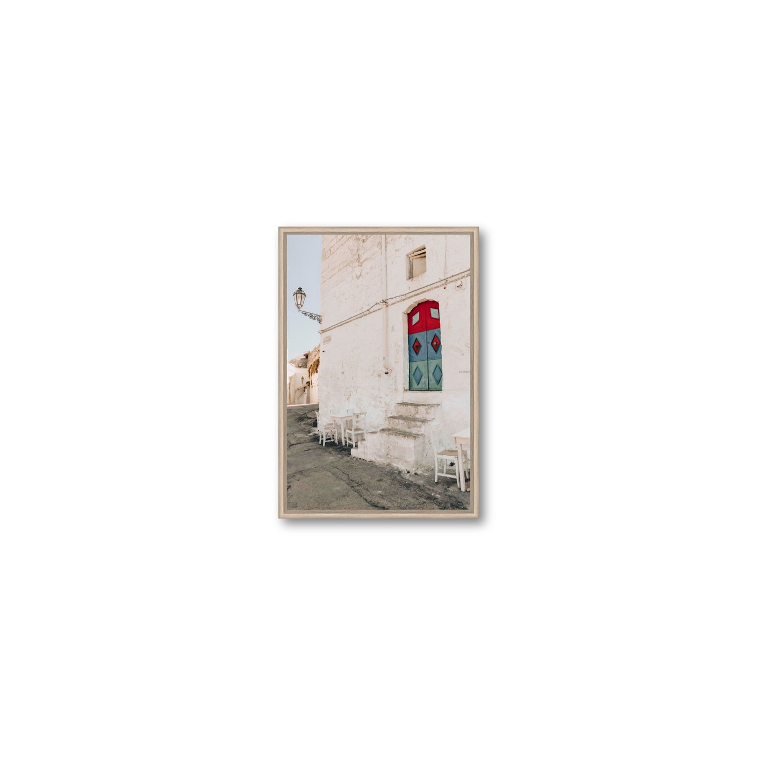 Doorway Delight Puglia Ostuni wall art Small fine art canvas in natural oak float frame