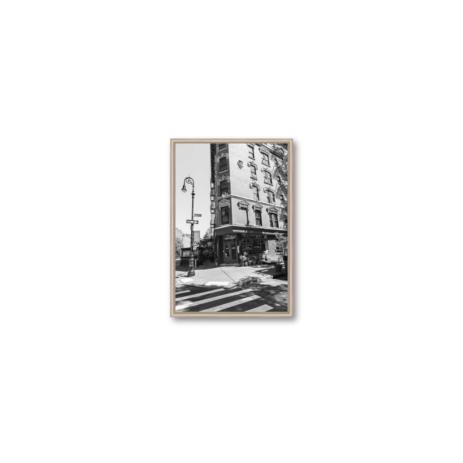Parisian On Perry New York NYC Black & White wall art Small fine art canvas in natural oak float frame