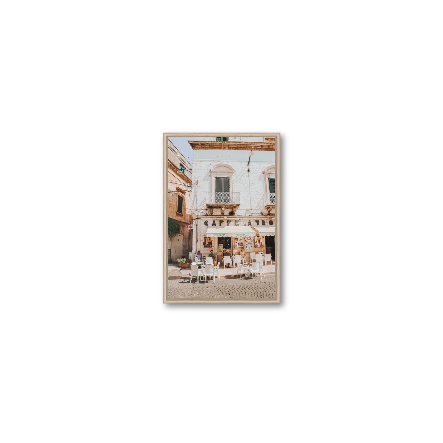 Cafe Ostuni Puglia Café Ostuni Italian wall art Small fine art canvas in natural oak float frame