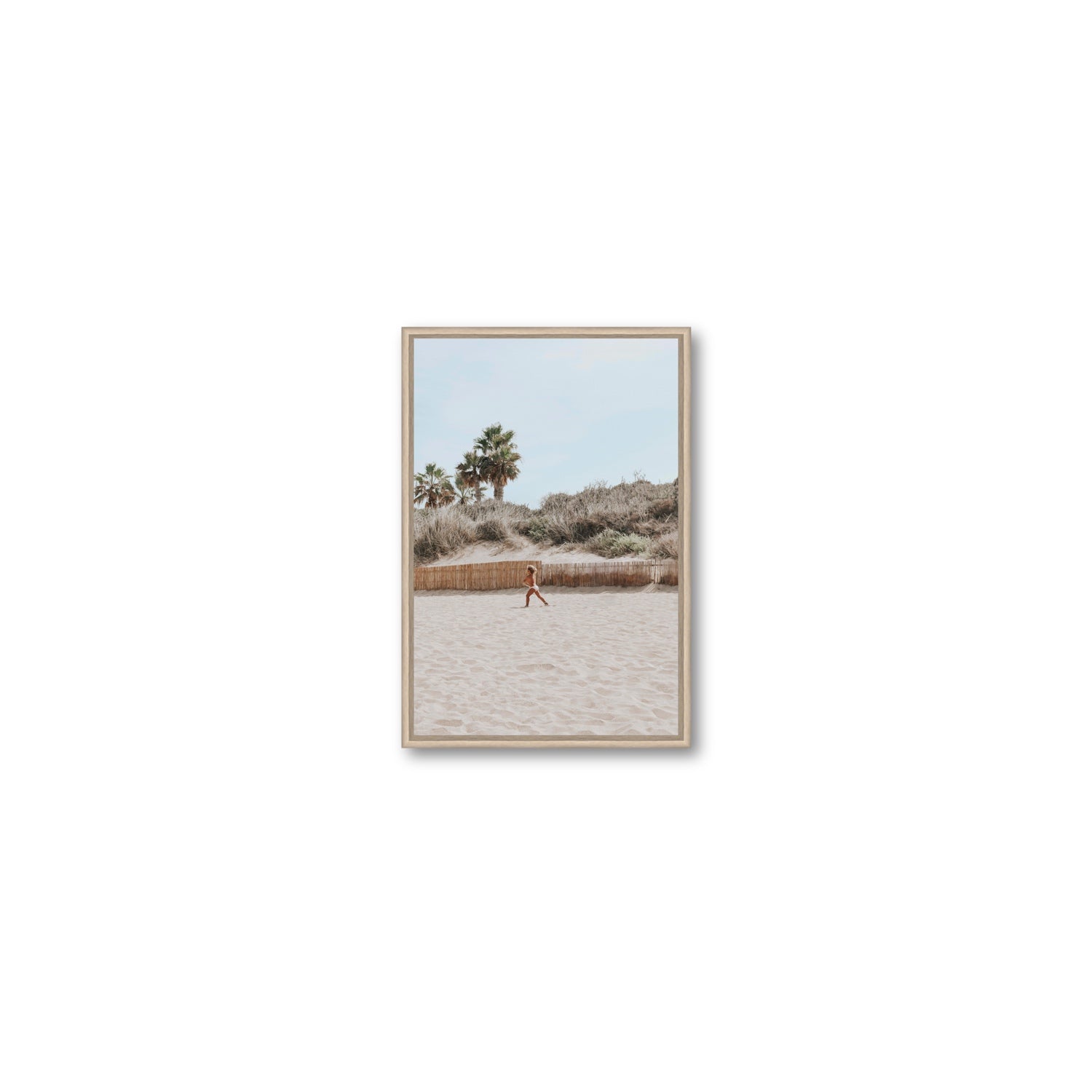 Joyful Sprint Puglia beach coastal fine art print Small fine art canvas in natural oak float frame